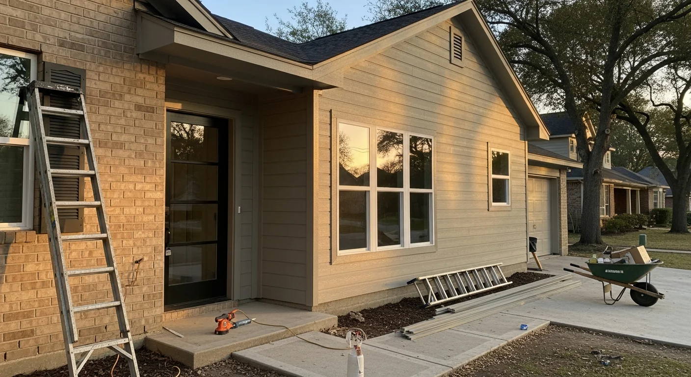 Home exterior with new siding, windows, and landscaping