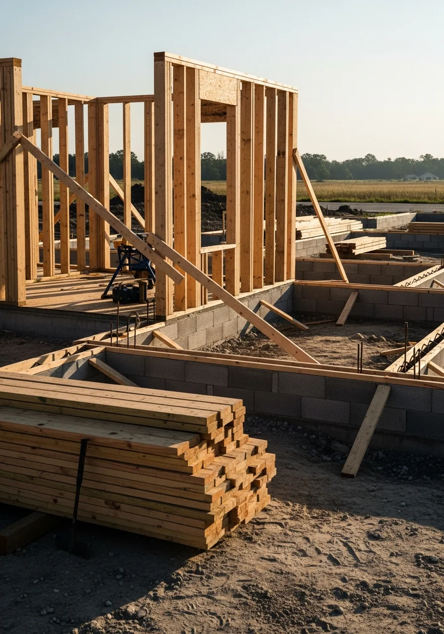 New residential construction project in Alvin Texas with framing and foundation work