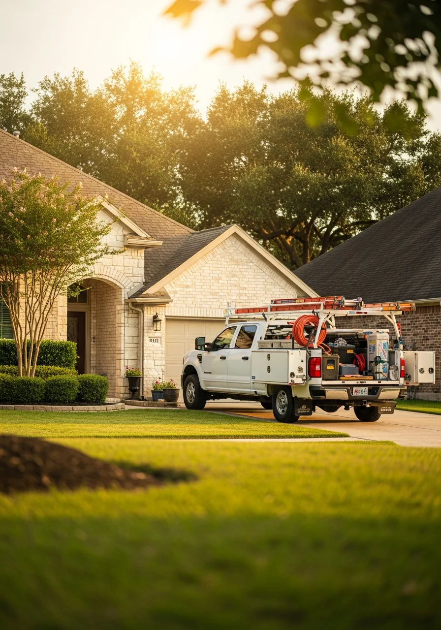 Service team member standing in front of Clear Lake area home with professional equipment.