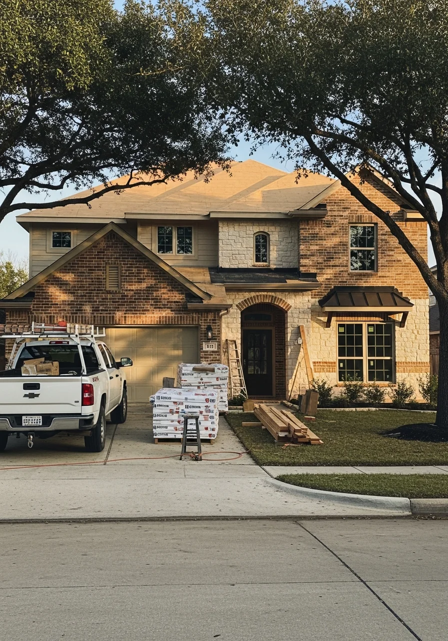 Professional service team member in uniform standing in front of Friendswood home.