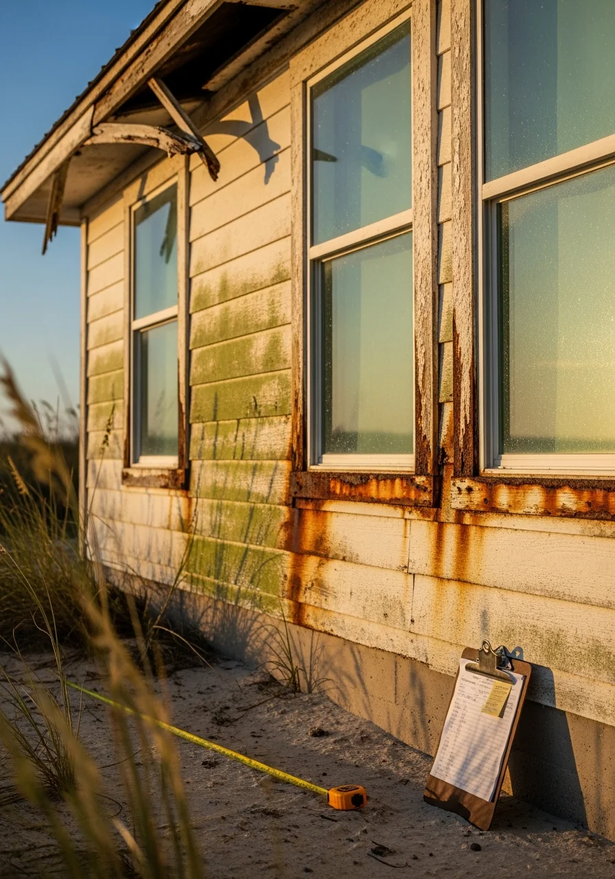 Crew member inspecting coastal home exterior for salt damage and weather wear.