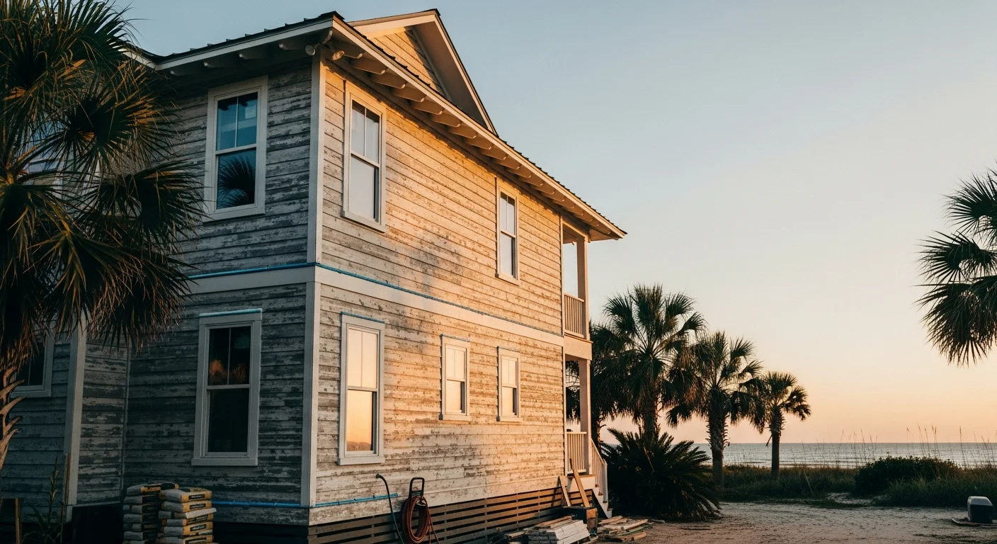 Galveston beachfront home with weathered siding and ocean view, palm trees visible in background.