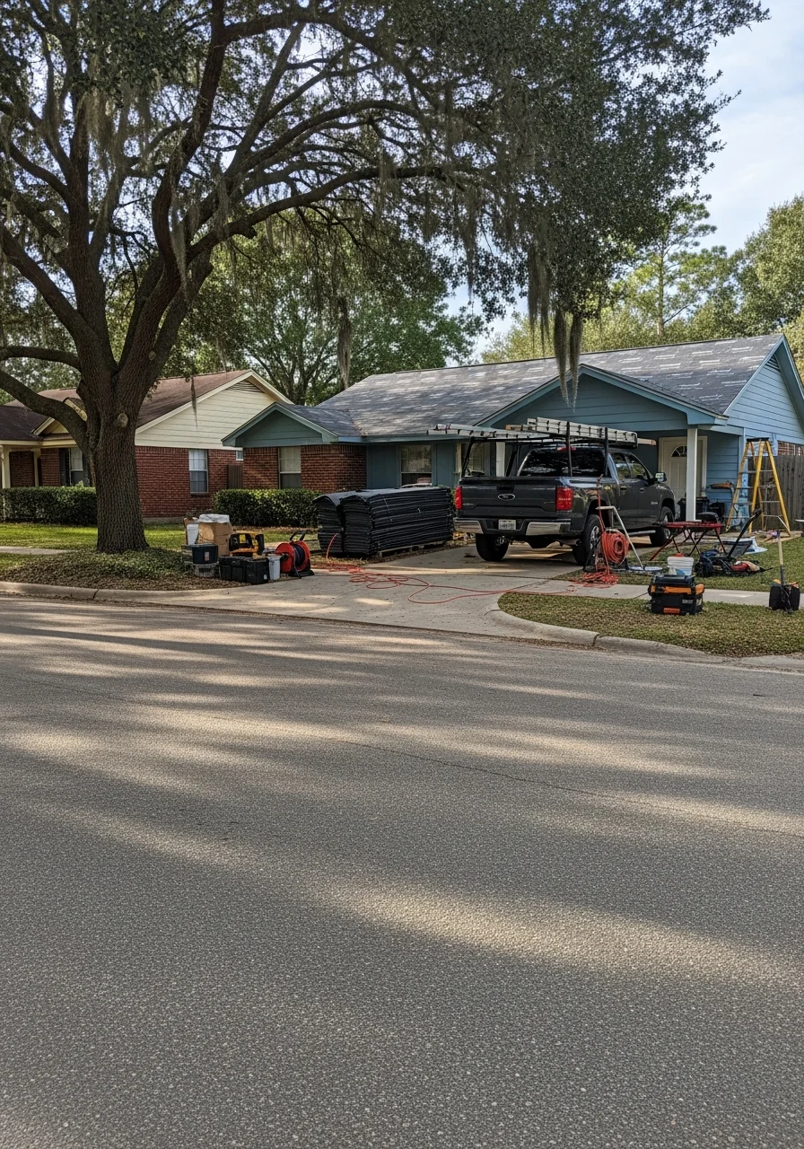 Professional construction crew working on home renovation in Santa Fe, Texas