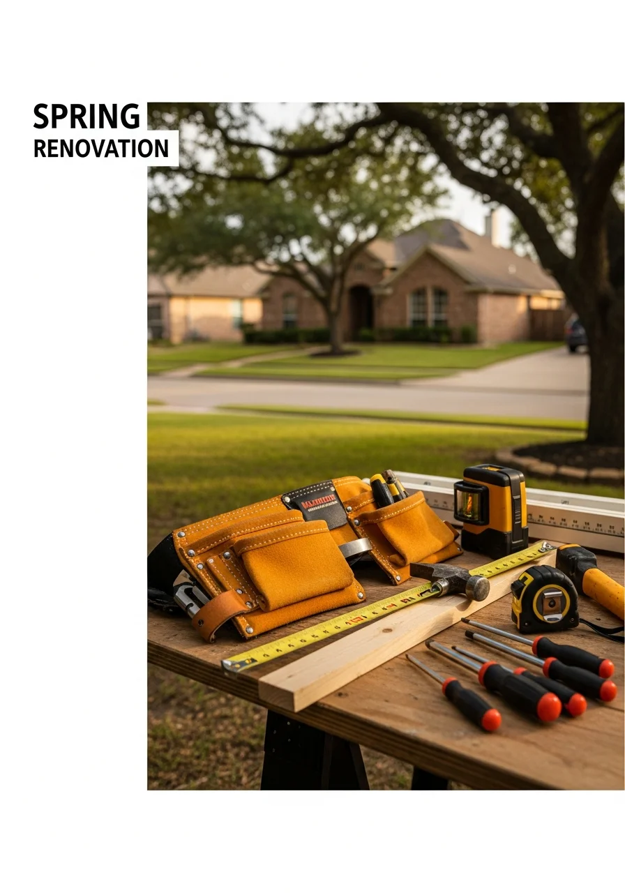 Crew member in work uniform standing in front of Spring area home with professional tools.