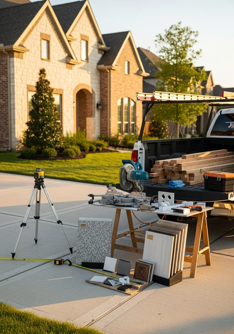 Professional service team member standing in front of Sugar Land home with quality equipment.