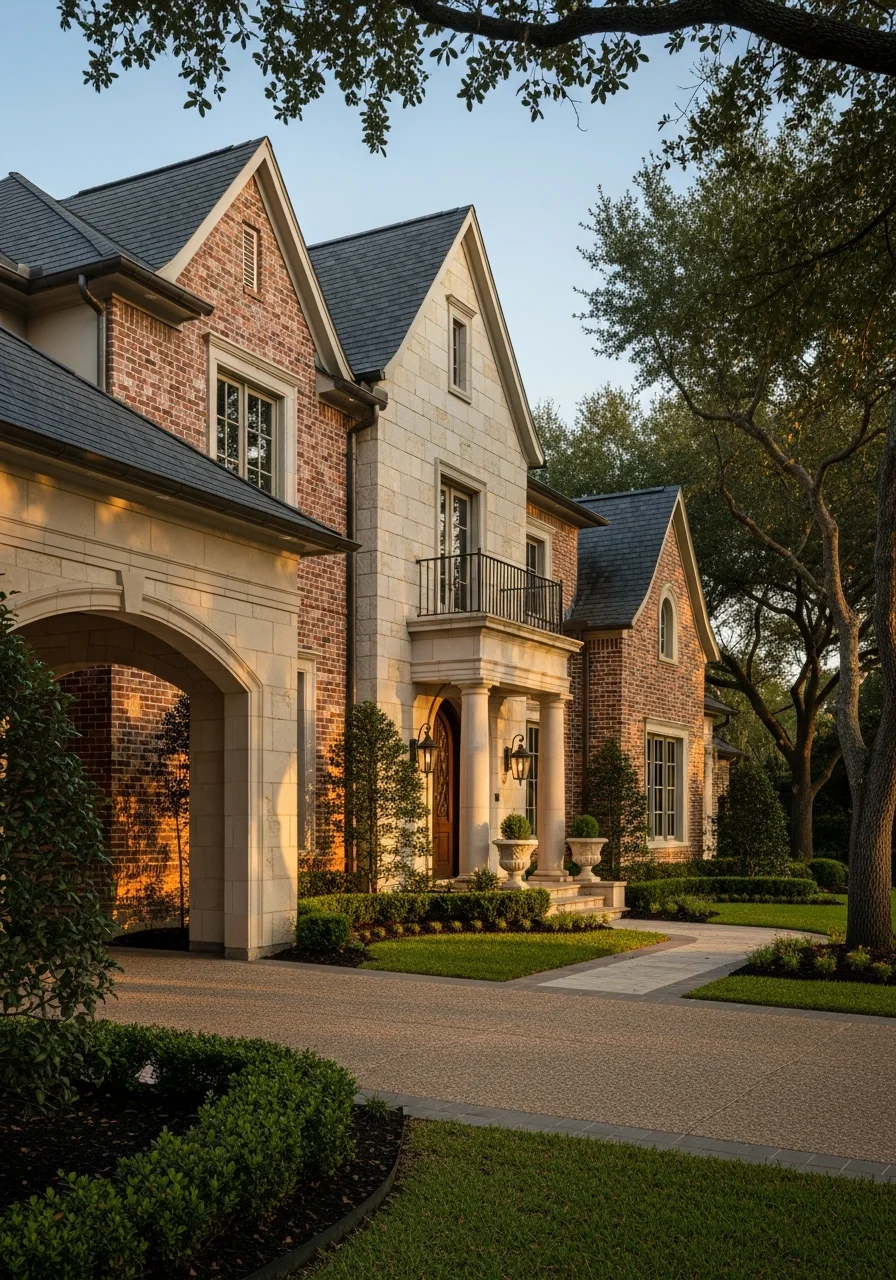 Contractor reviewing plans in front of a large custom home in Tanglewood, Houston.