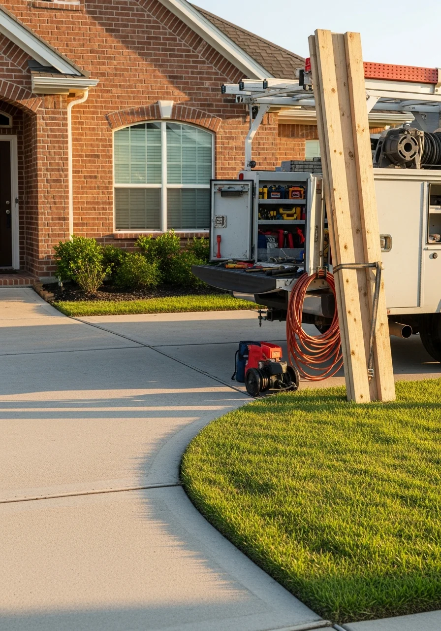 Service professional in uniform standing in front of Webster home with service equipment.