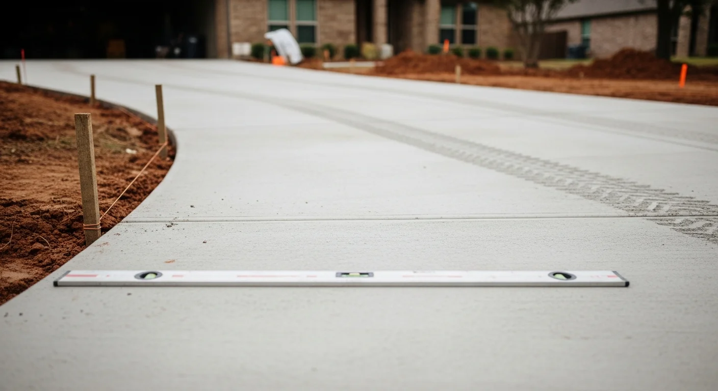 Freshly poured and finished concrete driveway at a residential property in Cypress, Texas. The surface shows clean edges, proper slope for drainage, and a smooth finish suited for the local clay soil environment.