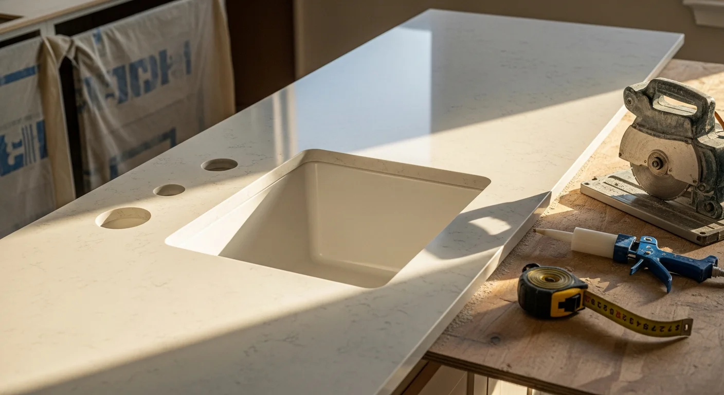 Newly installed kitchen countertop in a Cypress, TX home showing clean edge profiles and a fitted undermount sink cutout. The surface runs the full length of the base cabinets with no visible gaps at the wall or cabinet line.