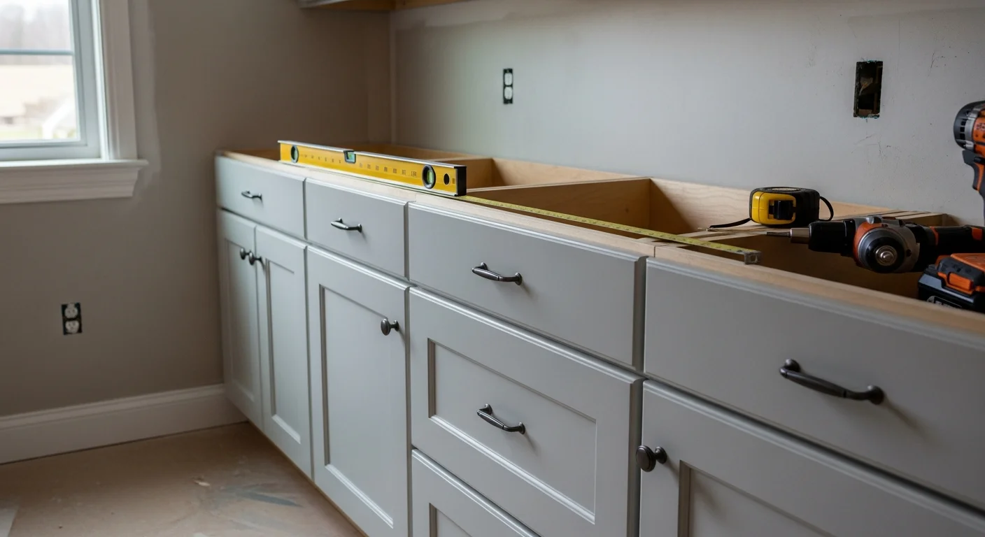 Newly installed custom wood cabinets lining the walls of a remodeled kitchen in a Cypress, TX home. The cabinets feature uniform alignment, clean seams, and built-in storage configurations above and below the countertop.