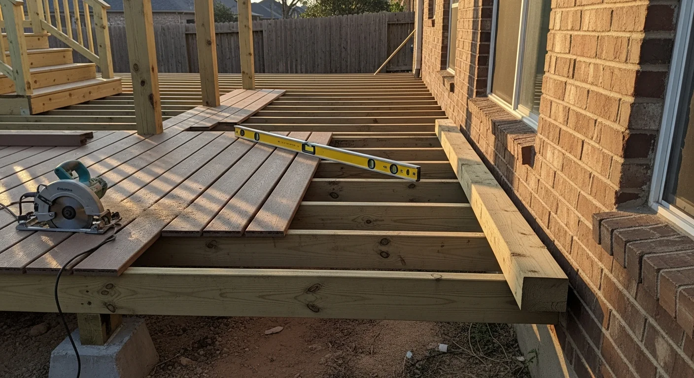 A newly completed deck replacement on a single-story Cypress, Texas home, showing clean framing and fresh surface boards extending from the rear exterior wall. The surrounding yard reflects a typical Harris County residential property with a wood privacy fence and mature trees.