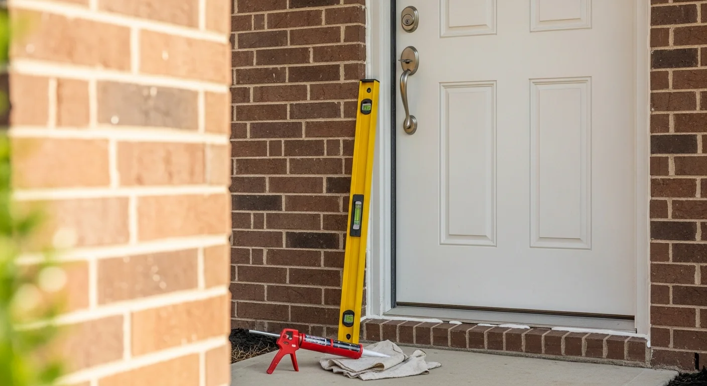 A newly installed exterior entry door on a brick single-family home in Cypress, TX, with clean weatherstripping and a flush-fitting frame. The surrounding exterior trim is intact and the door sits level within the finished opening.