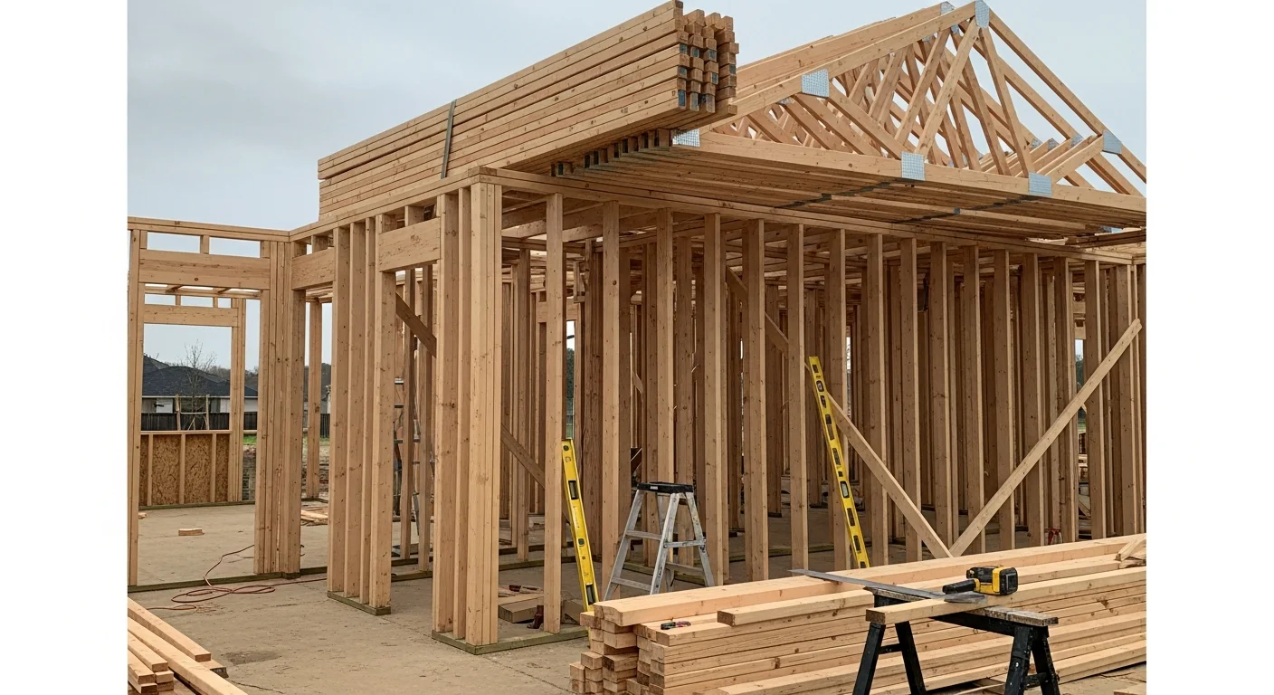 Exposed wood stud wall framing on a residential addition in Cypress, TX, showing floor-to-ceiling wall framing with rough door and window openings ready for inspection. A general contractor crew member reviews structural layout against plans on site.