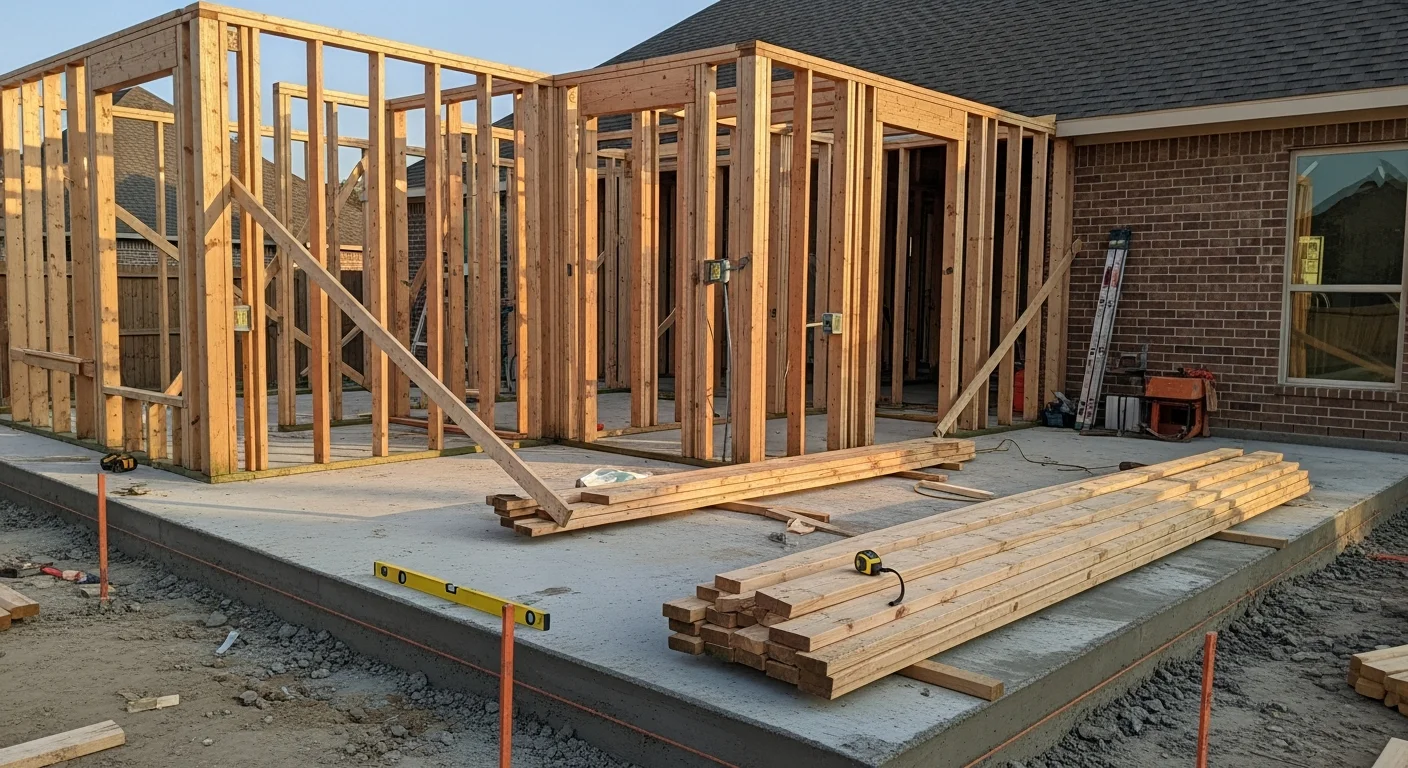 A newly completed single-story home addition on a brick residential home in Cypress, Texas, with a matched roofline and exterior finish that blends with the original structure. The addition extends the rear of the home and includes a window-lined wall facing the backyard.
