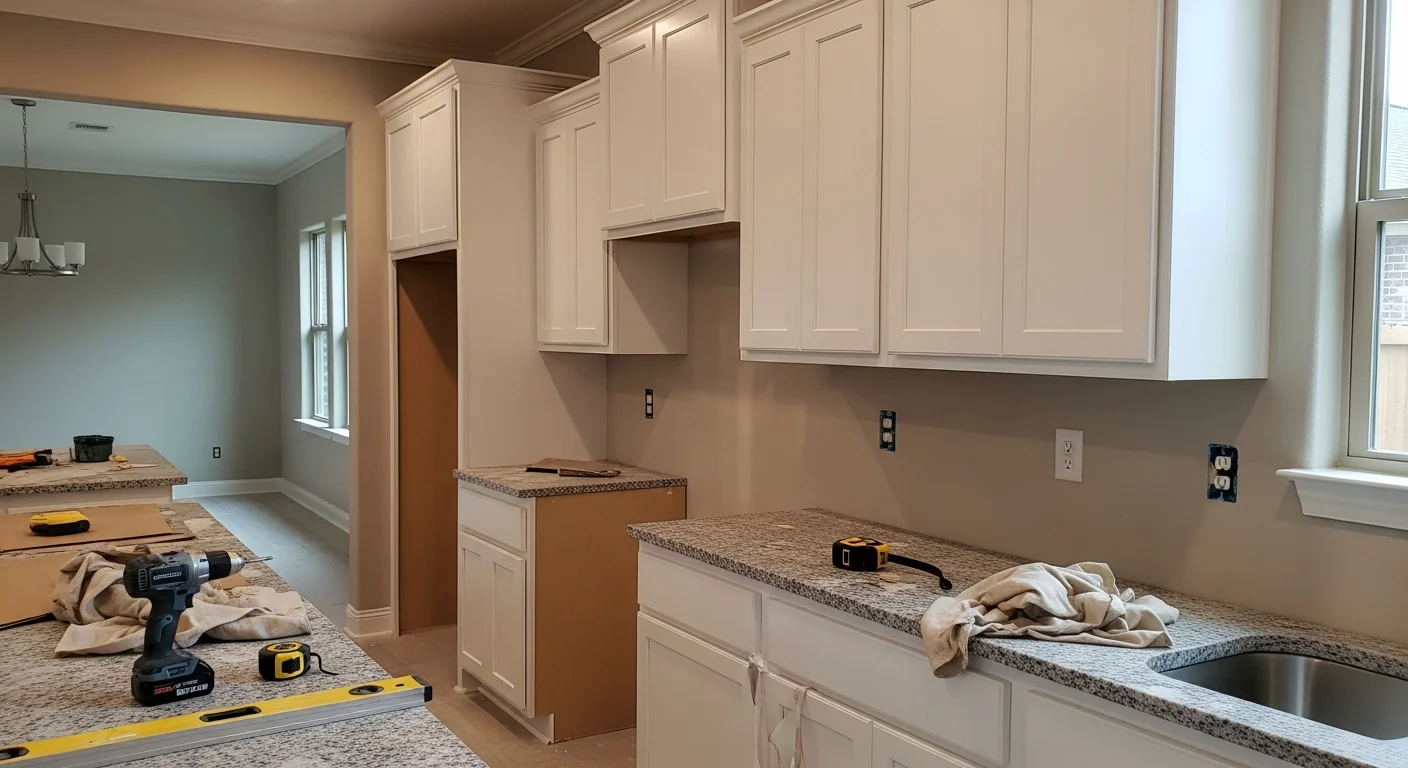 Remodeled kitchen in a Cypress, TX home featuring open-concept layout, new cabinetry, and updated countertops. Work completed by Paramount Construction, LLC.