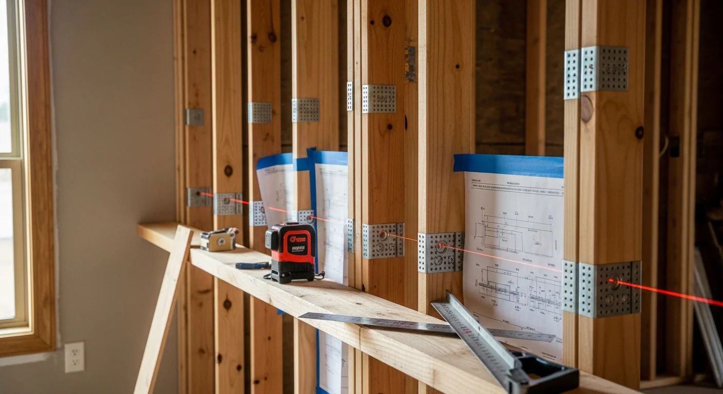 A general contractor installs a load bearing wall inside a Cypress, TX home during a structural framing project. The image shows exposed wood framing, new vertical studs, and a header beam positioned to carry the floor load above.