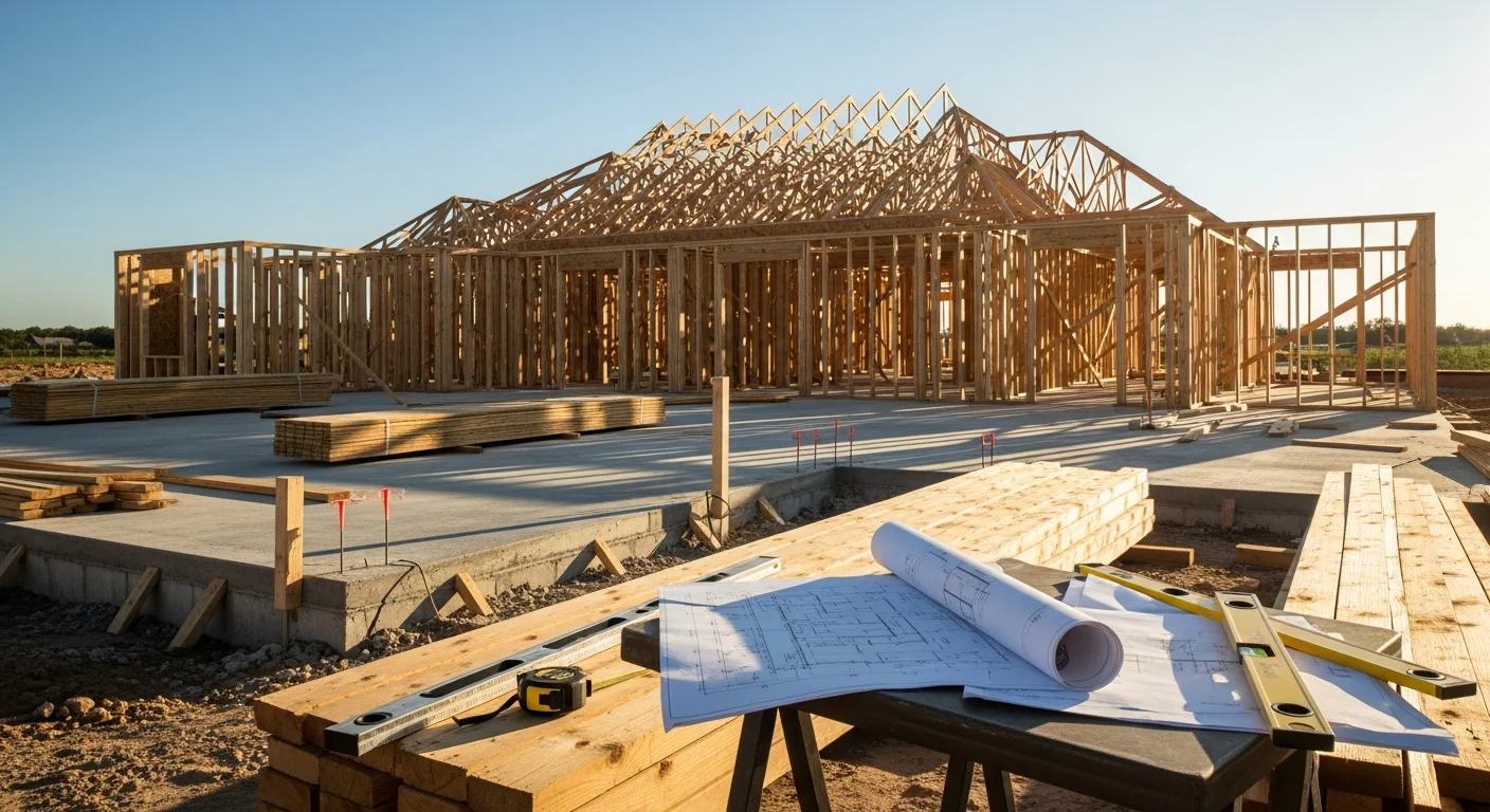 A newly framed single-family home under construction on a residential lot in Cypress, TX, with wood framing, roof trusses, and a clear blue Texas sky in the background. A general contractor reviews construction documents on-site during the framing phase.