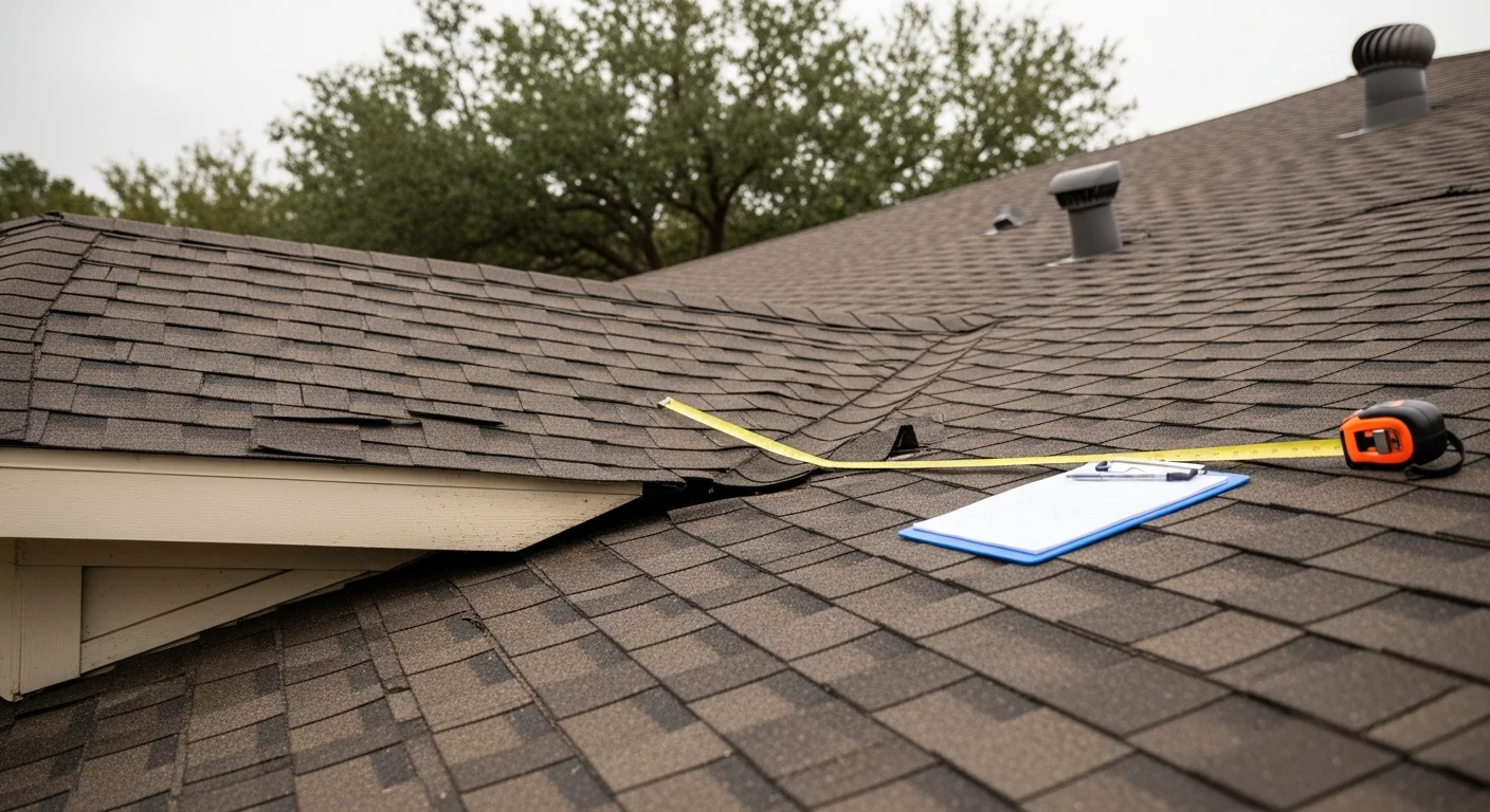 A roofing contractor from Paramount Construction, LLC inspecting shingles and flashing on a residential roof in Cypress, Texas. Close-up view shows granule loss and impact marks consistent with northwest Harris County hail damage.