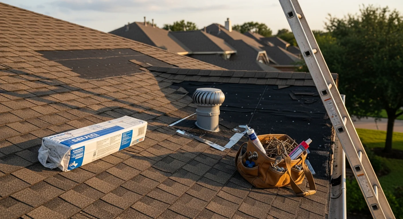 A roofing crew from Paramount Construction, LLC repairing storm-damaged shingles on a two-story residential home in Cypress, Texas. Close-up view shows replaced shingles and sealed flashing on a pitched roof under a clear sky.