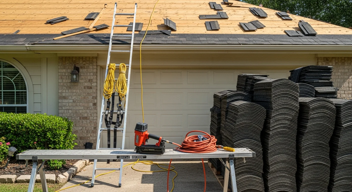 A completed residential roof replacement on a two-story brick home in Cypress, TX, showing new architectural shingles and clean ridge lines. The home sits in a master-planned community with clear blue sky overhead.
