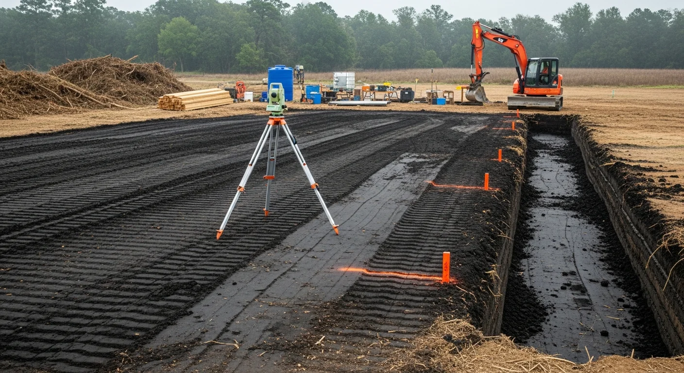 A graded and compacted building pad on a cleared residential lot in Cypress, TX, with smooth soil ready for foundation work. Heavy equipment tracks are visible across the leveled ground, and drainage slopes are shaped away from the pad area.